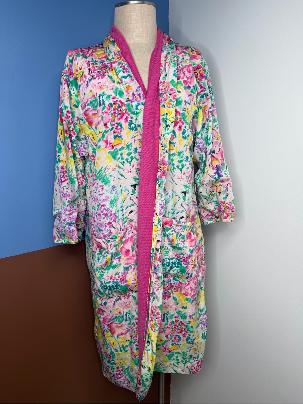 Vintage Victorias Secret Gold Label Robe Pink Floral Cotton Lined Belt One Size